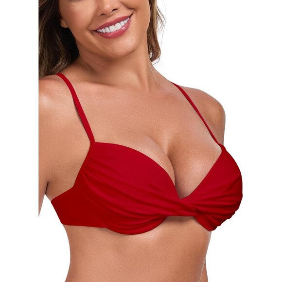 Women's Red Push Up Bikini Tops Ruched Twist Front Underwear Top Swimsuit - Picture 2 of 8